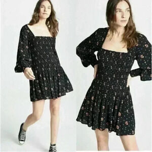 Free People Two Faces Printed Mini Dress Size M Black Floral Smocked